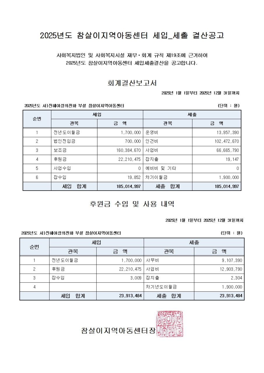 2025년도 참살이지역아동센터 세입_세출 결산공고.png